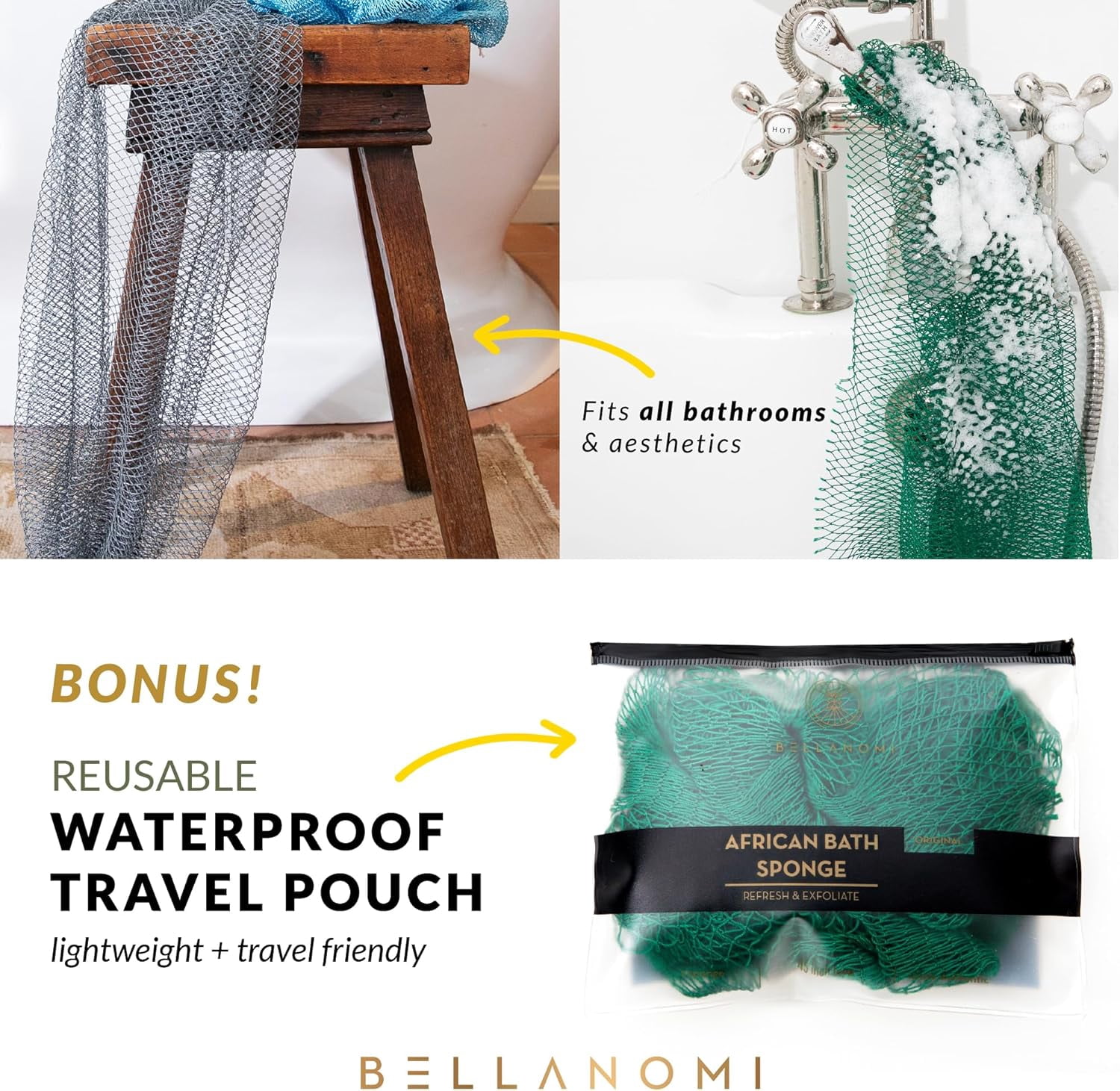 Bellanomi  African Net Sponge - Authentic Sapo Exfoliating Net, Ethically sourced from Nigeria, 45" Long Back Scrubber, Quick Dry Loofah Alternative for Gentle Exfoliation Daily Use