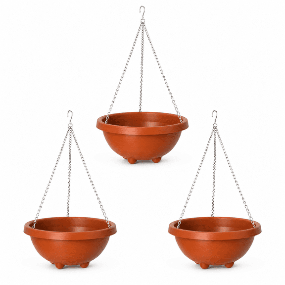 3pcs Hanging Pots for Plants Outdoor, Hanging Planter Basket Brown Wall Hanging Plants Pot with Chain and Drainage Holes for Indoor Outdoor Patio