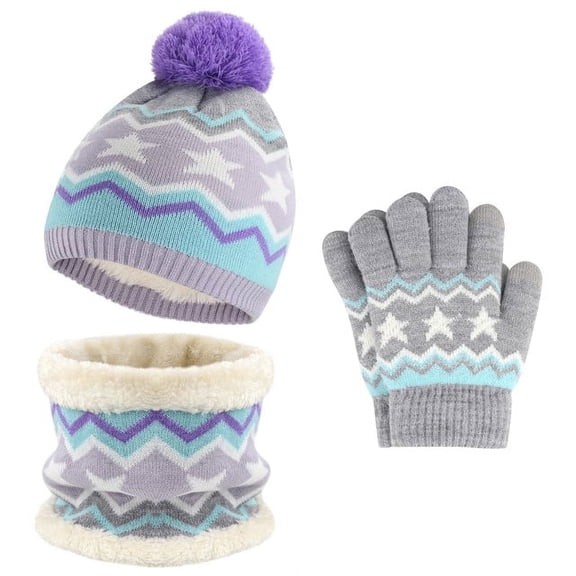 FZ FANTASTIC ZONE Kids Winter Knit Pompom Hat, Scarf & Glove Set, Purple, 3-Piece
