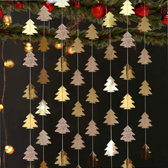 4Pcs Champagne Gold Pine Tree Garlands Hanging Glamping Streamers for Christmas Baby Shower Birthday New Year Woodland Party Decoration Classroom Decor Bday Photo Backdrop Camping Decorations