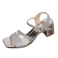 thumbnail image 6 of Rokment Womens Glitter Sequin Metallic Dressy Sandals Bling Square Toe Chunky Block High Heels Summer Dress Shoes for Bride Wedding Summer Silver Size 7.5, 6 of 7