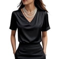thumbnail image 2 of Inglocry Womens V Neck Silk Satin Tops Dressy Short Sleeve Work Blouses Spring Summer Loose T Shirts Business Casual Black L, 2 of 4