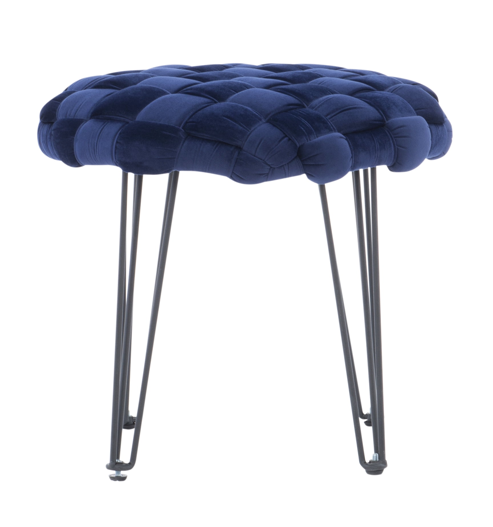 Powell Anya Round Handwoven Velvet Ottoman with Hairpin Legs, Navy