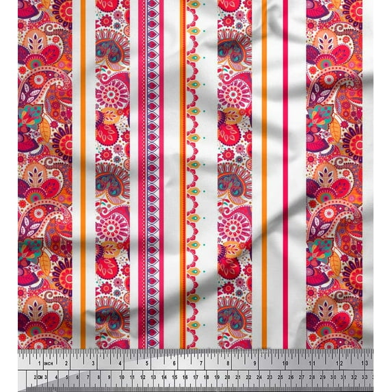 Soimoi Satin Silk Fabric Stripe,Floral & Paisley Decor Fabric Printed Yard 42 Inch Wide