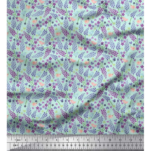 Soimoi Poly Georgette Fabric Heart,Bird & Floral Artistic Print Sewing Fabric Yard 52 Inch Wide