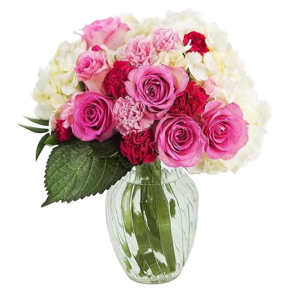 KaBloom : Fall Collection -Bouquet of 5 Pink Rose 5 Yellow Rose 5 Pink Stargazer lily with Greens With Vase, Next-Day Delivery, Gift of Fresh Flowers for Every Occasion.