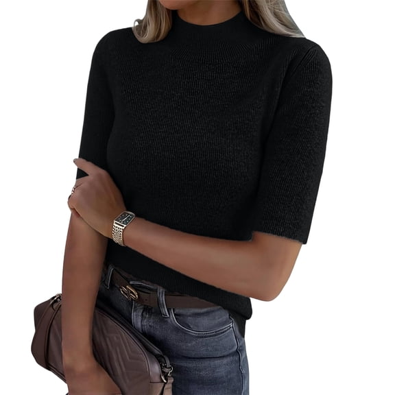 Lumtrix Womens Mock Neck Half Sleeve Sweater Ribbed Knit Slim Fit Shirt 2026 Summer Fall Dressy Casual Blouse Black 2XL