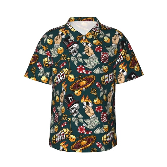 Teaboi Vintage Casino Chips for Men's Short Sleeve Hawaiian Shirt, Button Down Shirt for Beach Vacation,Small