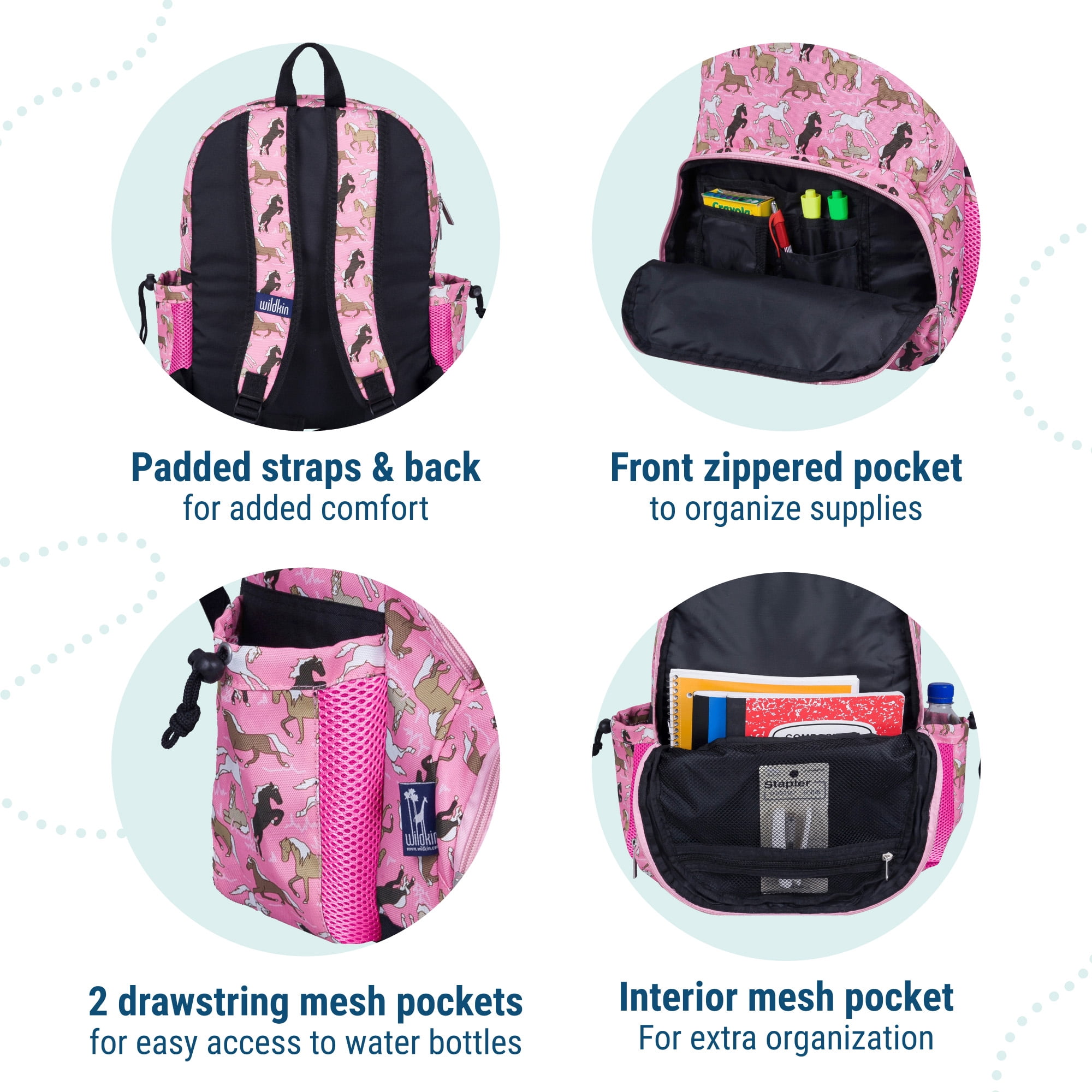 Wildkin Kids 17 Inch Backpack for Boys and Girls, Perfect for School and Travel (Horses in Pink)