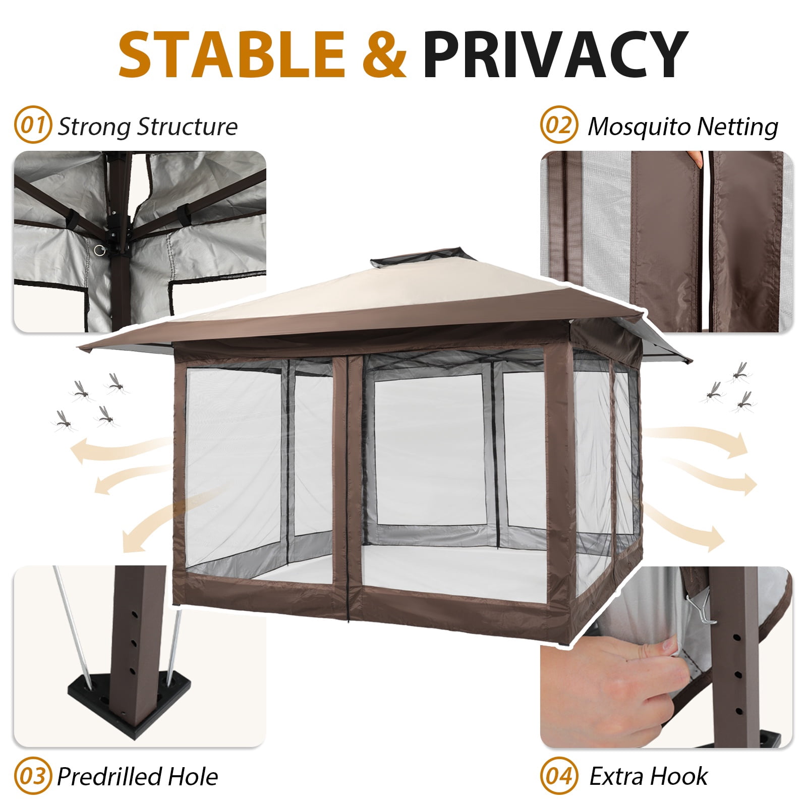 JOIVI 13'x13’Patio Gazebo, Outdoor Pop up Gazebo, Canopy Gazebo Tent Shelter with Mosquito Netting, Beige & Brown