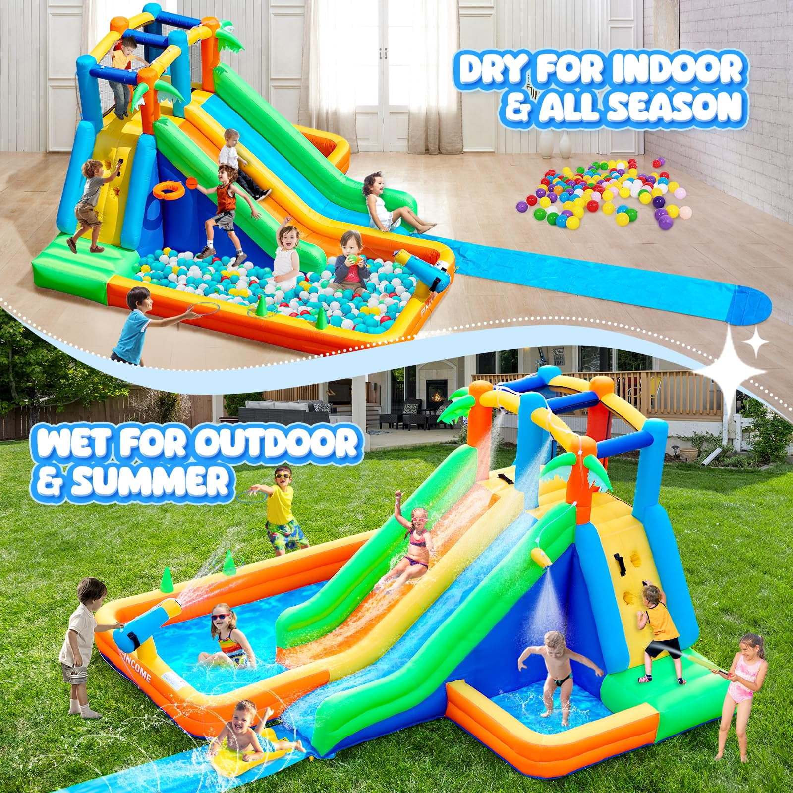 Inflatable Lawn Water Slide Park with Extend Splash Slide and Basketball Hoop