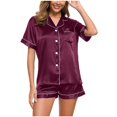 thumbnail image 2 of SDNall Womens Pajama Sets Summer Satin Fashion Loose Casual Half V-Neck Solid Mid-Calf Shirt Pajama Sets (Wine, Sizes S-XXL), 2 of 9