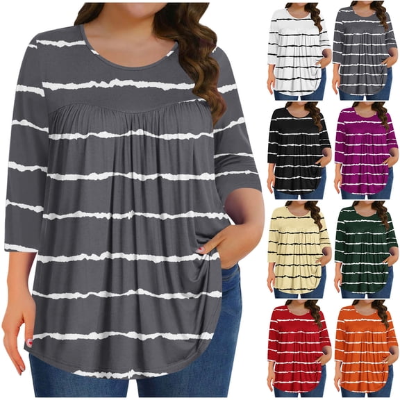 RongHuan Womens Plus Size Blouse Casual 3/4 Sleeve Crew Neck T-Shirt Oversize Strip Tops