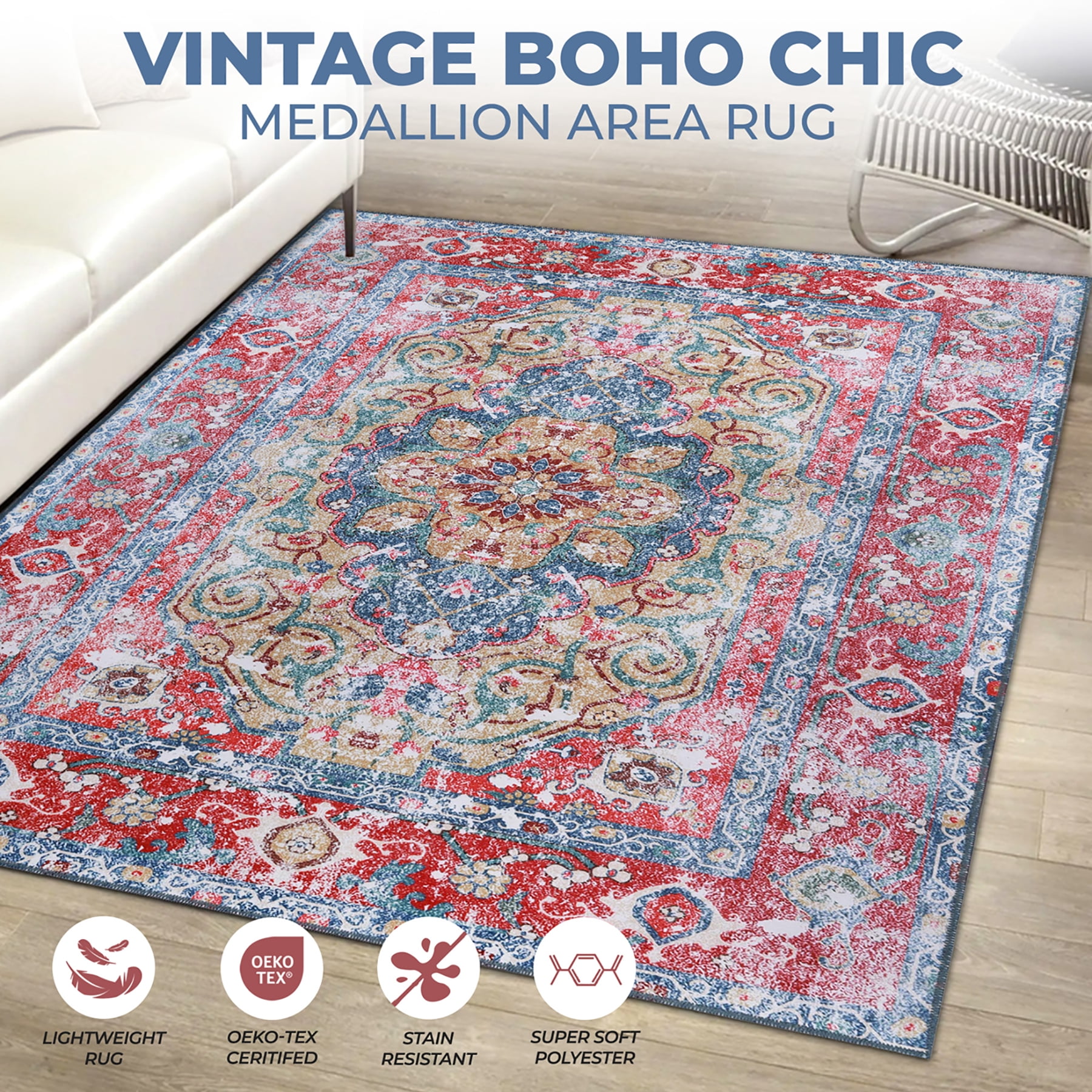 Superior Tanager Rustic Non-Slip Washable Indoor Area Rug, 7' x 10', Red