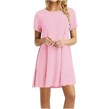 LoyisViDion Fashion Women Casual Short Sleeve Dress O-Neck Solid Ladies Loose Mini Dress Pink 10(XL)