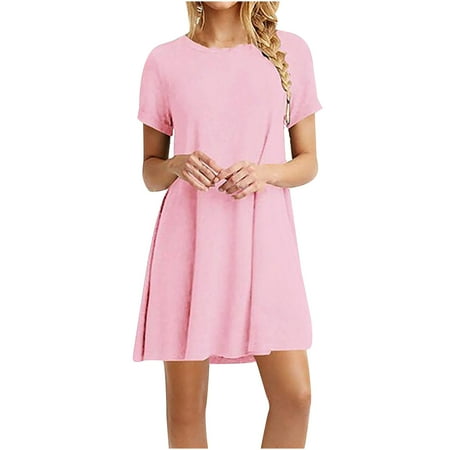 

Moxiu Casual Summer Dresses for Women Short Sleeve Round Neck Dress Boho Print Dresses A Line Loose Fit Birthday Dresses for Women