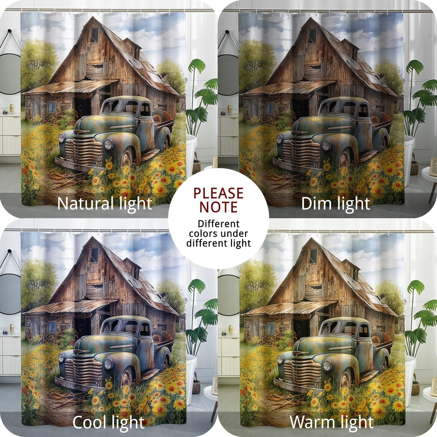 Farmhouse Truck Shower Curtain Rustic Sunflower Shower Curtain Country Car Shower Curtain Bathroom Decor Polyester Fabric-72" x 72"