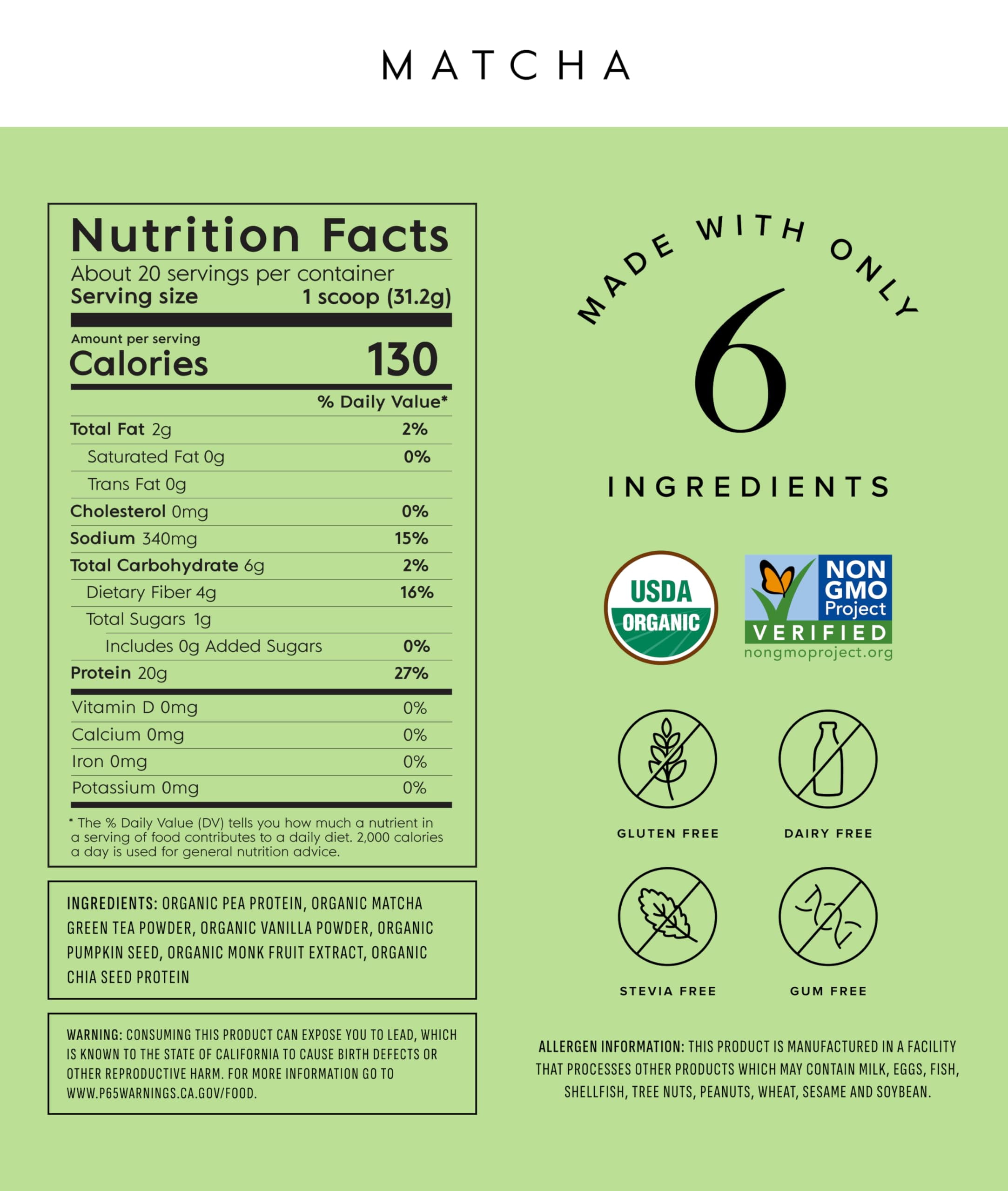 Truvani Vegan Plant Based Pea Protein Powder | Organic | Matcha | 20 Servings | Gluten & Dairy Free