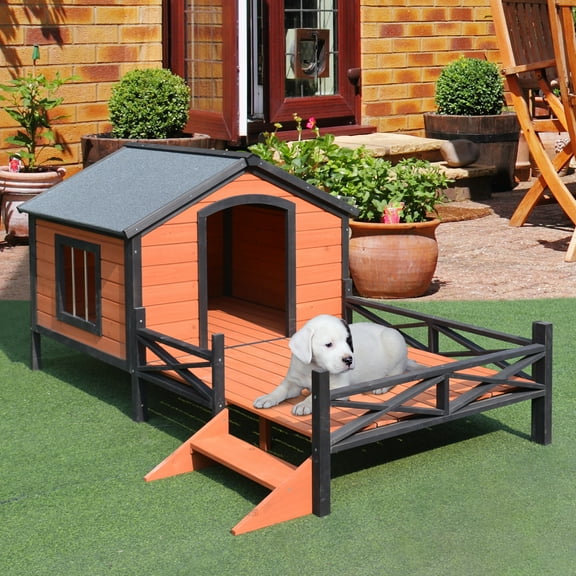 Pawhut 67" Large Wooden Cabin Style Elevated Outdoor Dog House with Porch