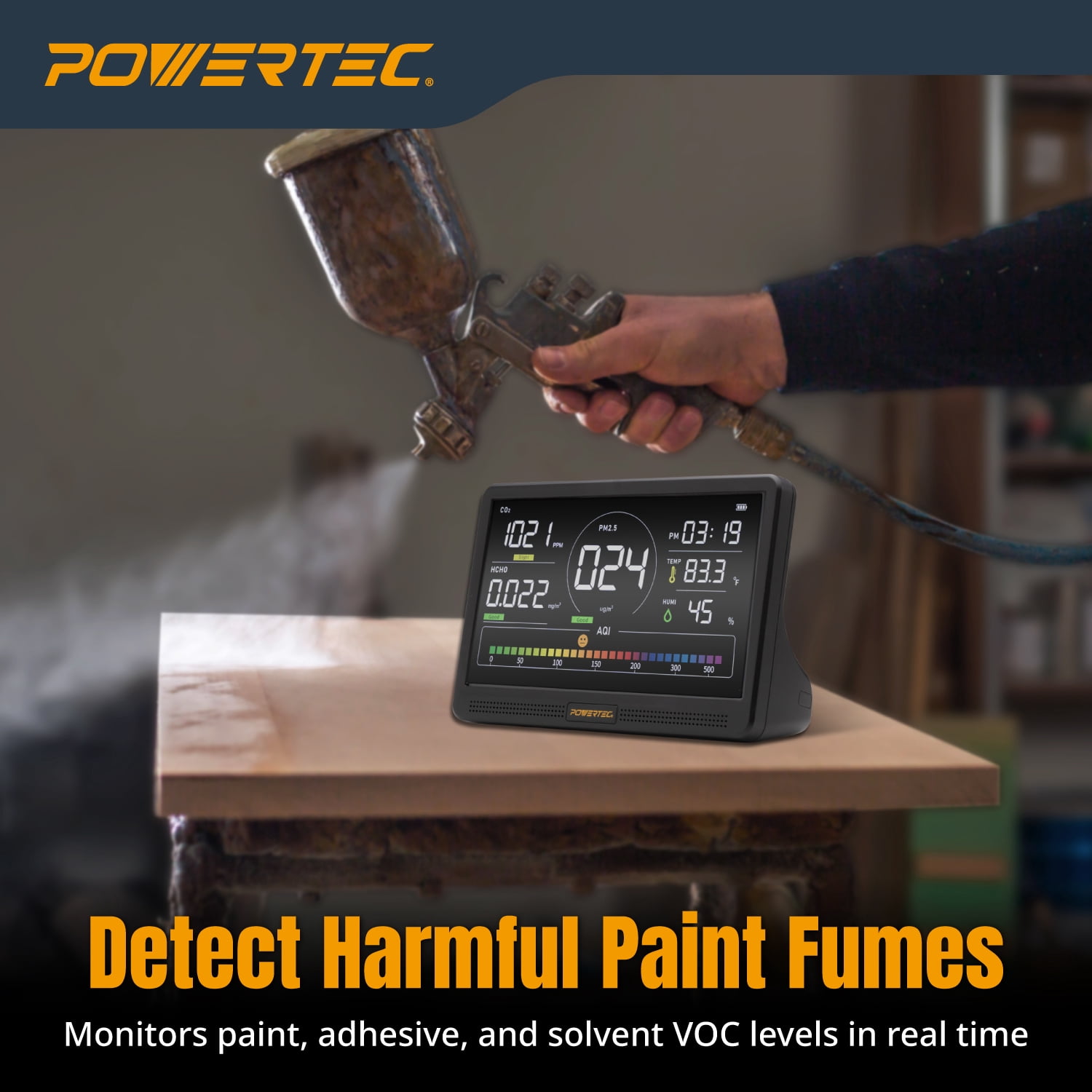 POWERTEC Air Quality Monitor with 7” LCD Display – Multi-Sensor CO₂, PM2.5, PM10, HCHO, TVOC Detector, NDIR Sensors, Rechargeable Indoor/Workshop Air Monitor, AD1001