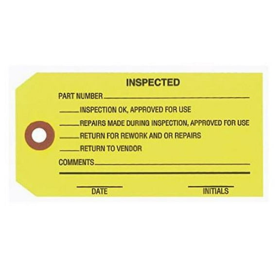 Inspection Tags Yellow "Inspected" #5 4 3/4" x 2 3/8" 13 Pt. 1-Part Unwired [1000pcs]