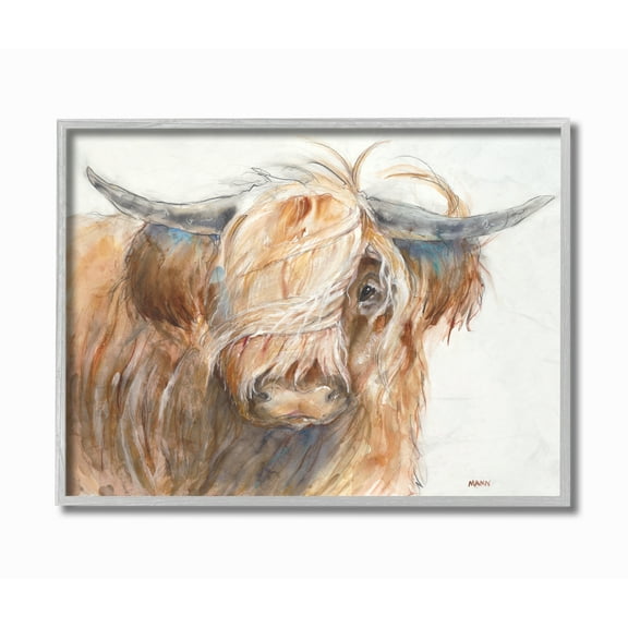 The Stupell Home Decor Brown Horned Bull with Wind Swept Long Hair Painting Gray Framed Texturized Art