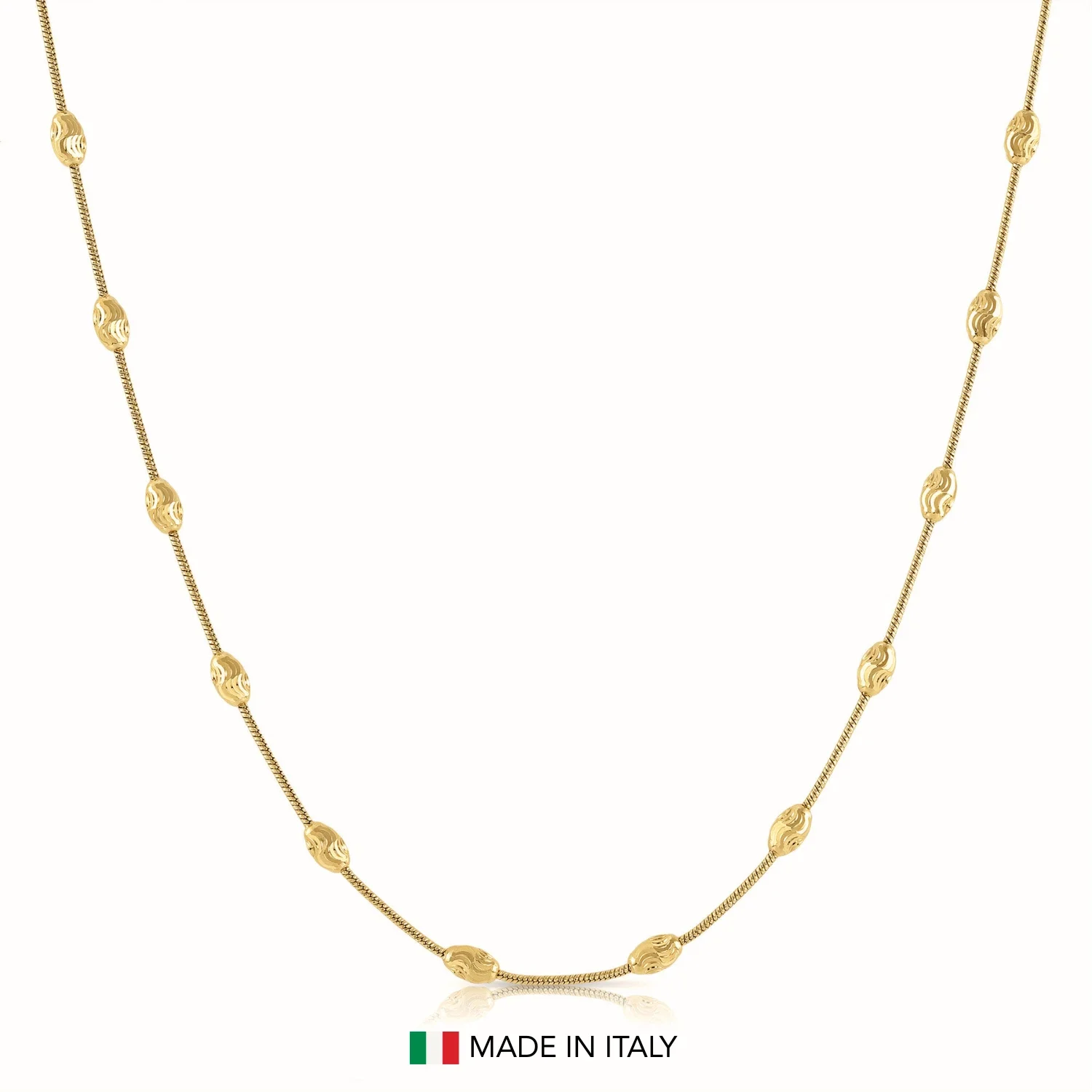 Tilo Jewelry Yellow Gold Plated Solid 925 Sterling Silver Diamond-Cut Oval-Shaped Beaded Station Chain Necklace with Secure Lobster Lock | 18 Inch | Everyday Necklace for Women, Men, Unisex