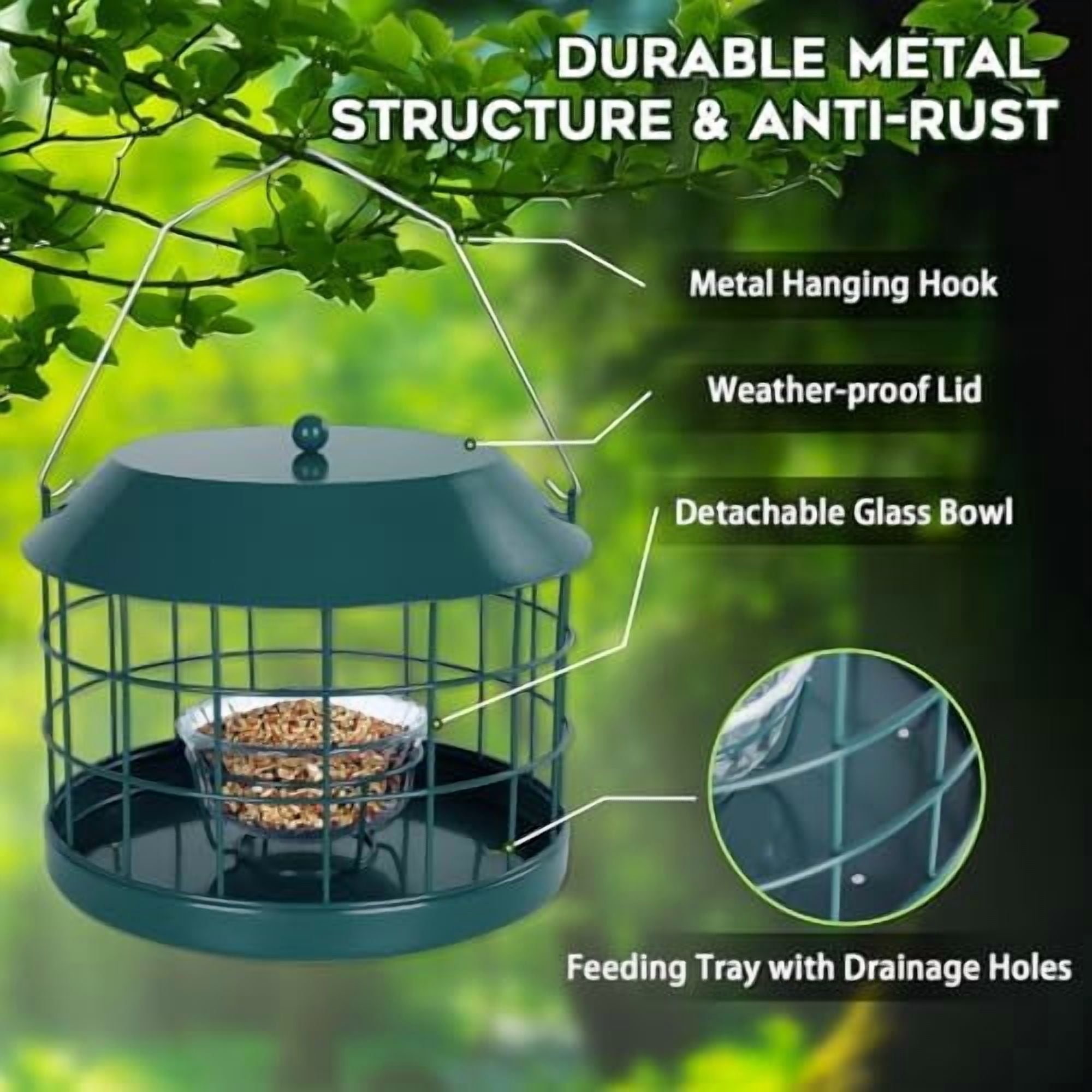 Caged Bluebird Feeder for Mealworms with Glass Bowl, Squirrel Proof Bird Feeder for Small Birds Only, Detachable Hook, Large Space, Outdoors Weatherproof, Metal, Green