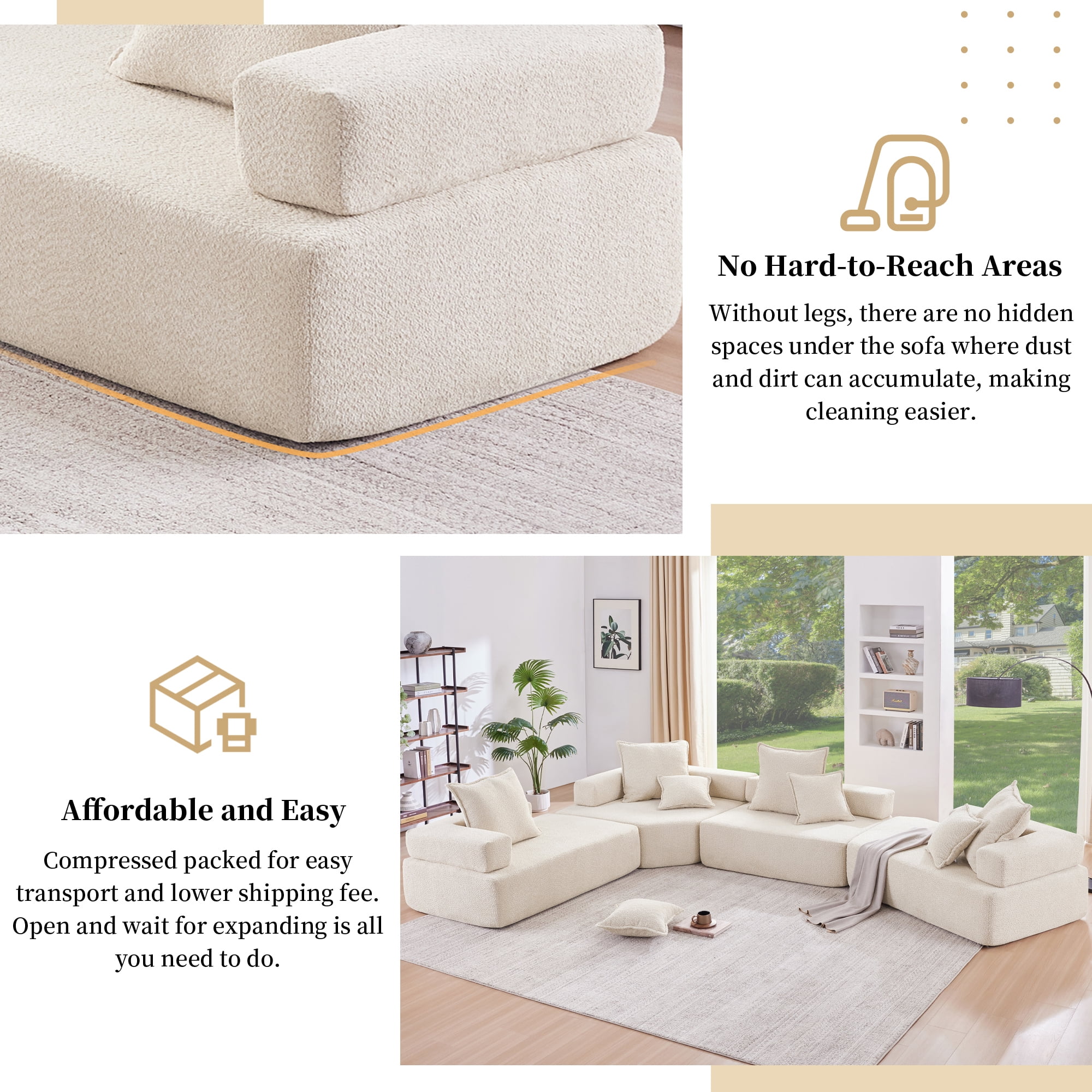 EUROCO 156" Oversized Modular U Shaped Sectional Sofa Couch, Boucle 4 PC Free Combination Floor Sleeper Couch Set, Spacious Foam-Filled Convertible Sofa Bed for Living Room, Beige