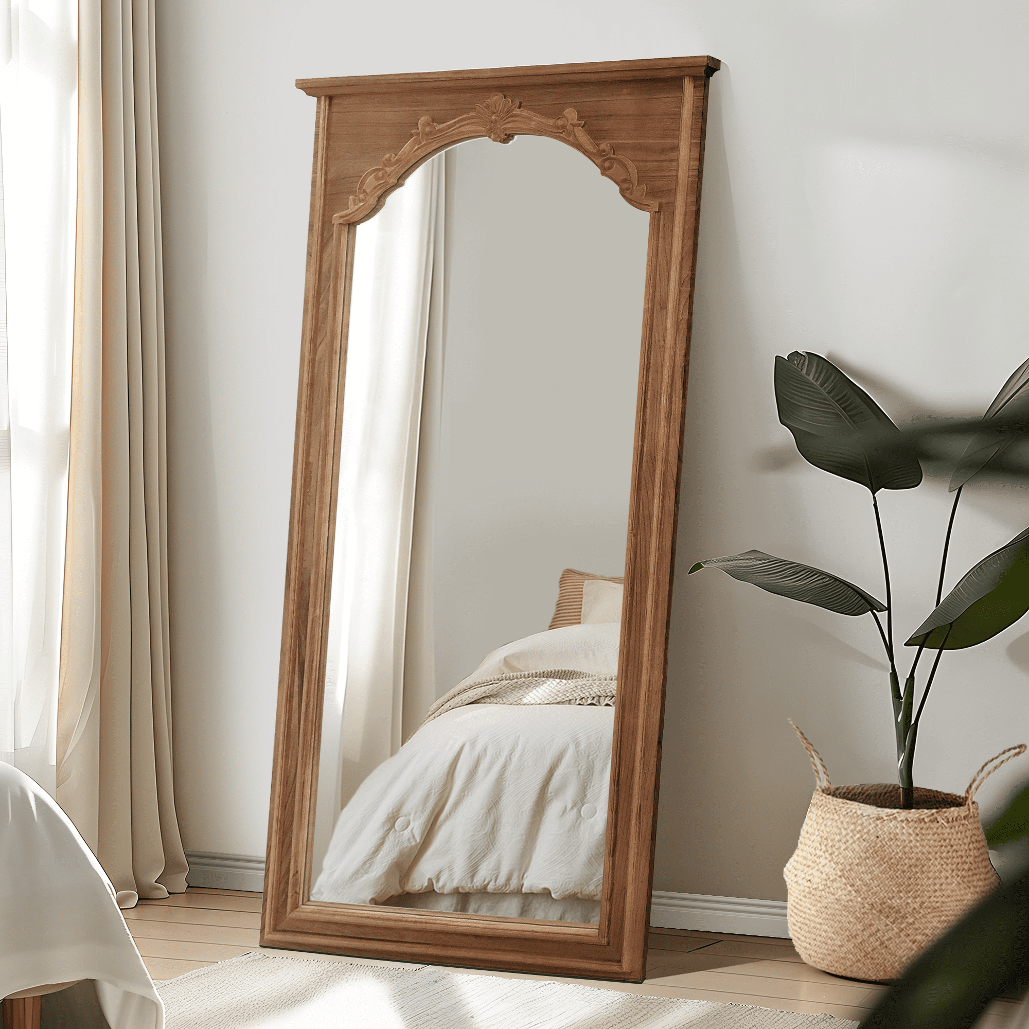 71"x35" Wood Arched Full Length Mirror Carved Floor Standing Mirror,Walnut