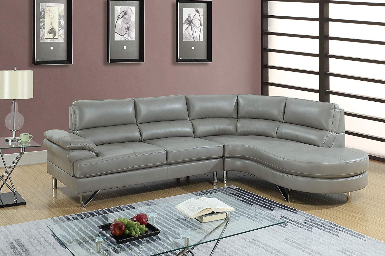 Modern Grey Breathable Leatherette Sectional Sofa Set with Round Edge