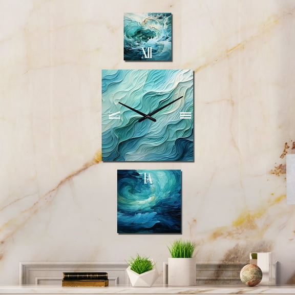 Designart "Swirling Serenity in Aqua Blue and White" Abstract Spirals Multipanel Clock For Living Room Décor - Large Contemporary Wall Clock - Oversized Blue Wall Clock - Set Of 3