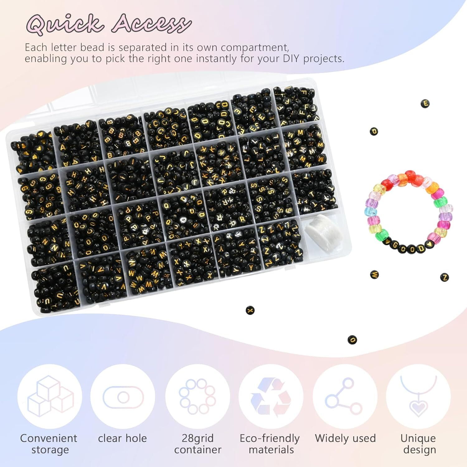 1400 Pieces Round Alphabet Letter Beads A-Z 4x7mm Black Acrylic with Colorful Letter and Crystal Line for Jewelry Making, Style 3