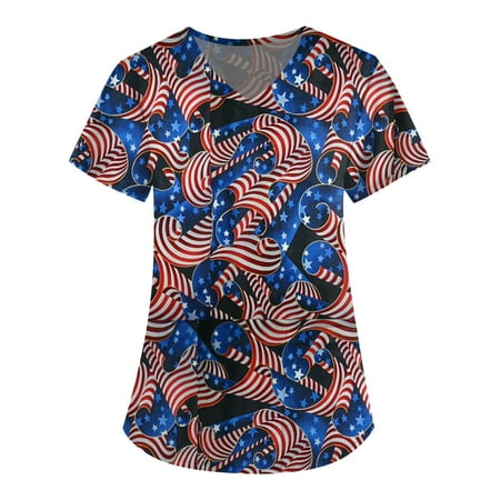 

netehipn Womens Scrub Tops Cheap Women Short Sleeve Tops Working Uniform July 4th Independence Day Print Scrub Tops Pocket Blouse Red S