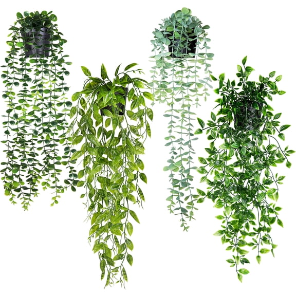 Set of 4 Fake Hanging Plants with Pots Artificial Trailing Plant Shelf Decor Green Eucalyptus Mandevilla Vine for Shelf Living Room Kitchen