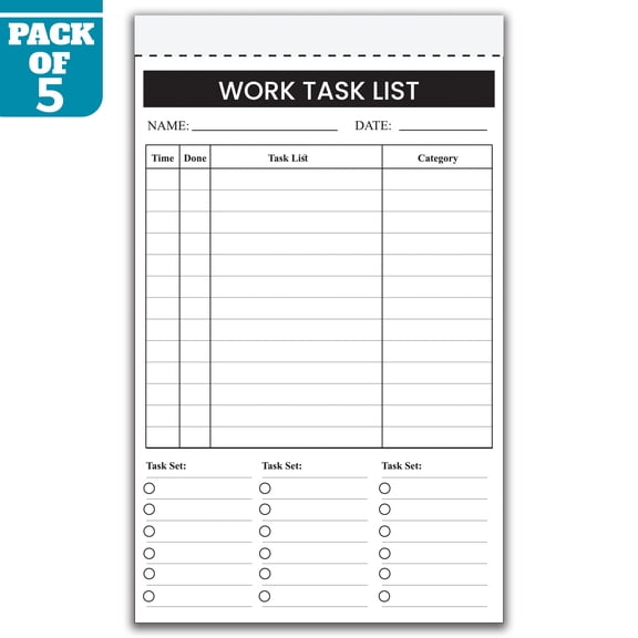 Work Task List Notepad 5.5 x 8.5 Inch, Pack of 5 Task Management Pads, 50 Sheets Per Pad, Daily Work Planner with Time Schedule and Checklist for Office, Business, Made in USA
