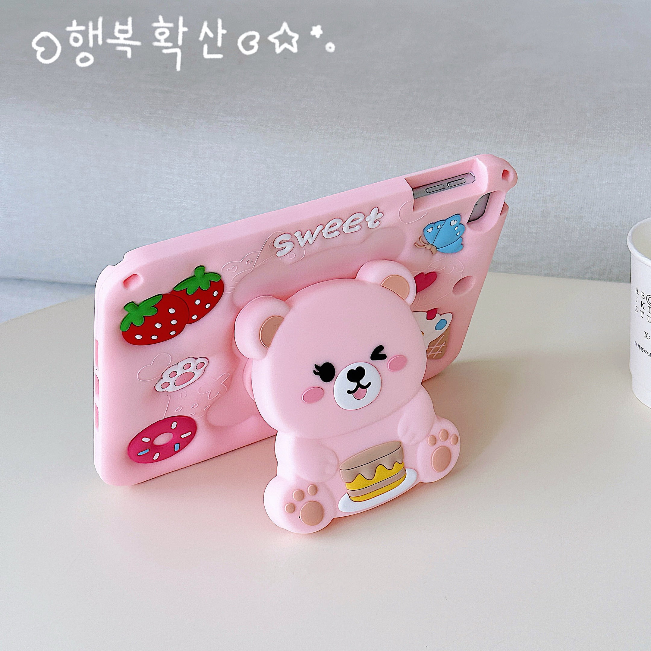 Dteck for iPad mini 5/4/3 Generation 7.9" Case with Pencil Holder, Soft Silicone Cute Cartoon for 7.9 Inch iPad mini with Shoulder Strap Foldable Stand for Kids Boys Girls,Pink Bear