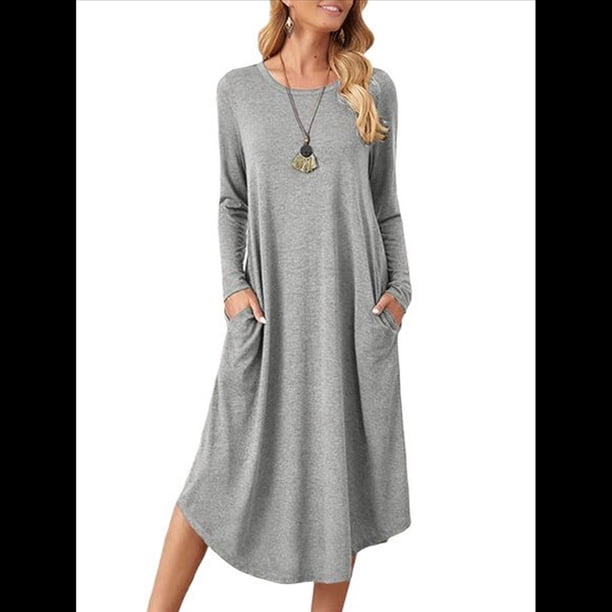 Pijama de Mujer con Cuello Redondo, Larga y Bolsillos Gris M