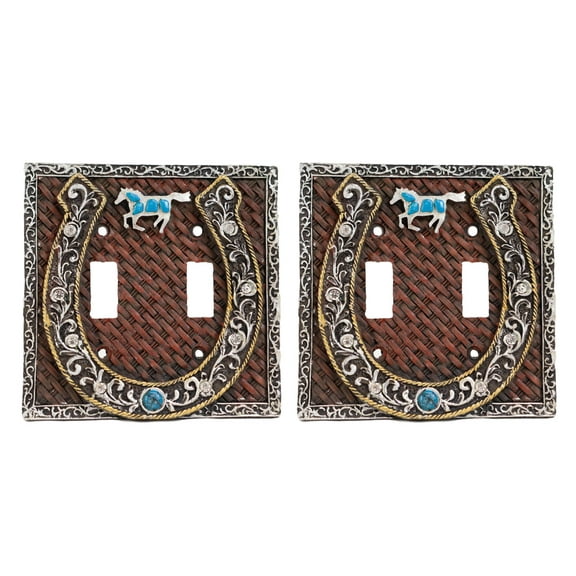 Set of 2 Western Horseshoe Turquoise Mustang Wall Double Toggle Switch Plates