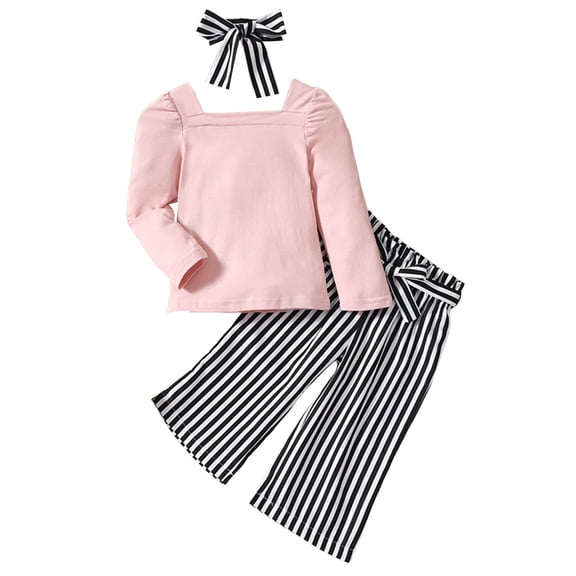 Curuila Toddler Child Girls Two Piece Outfit Long Sleeve Striped Print Square Neck Tops With Pants Spring Autumn Soft Comfort Outfit Set Pink Size 2-3 Years