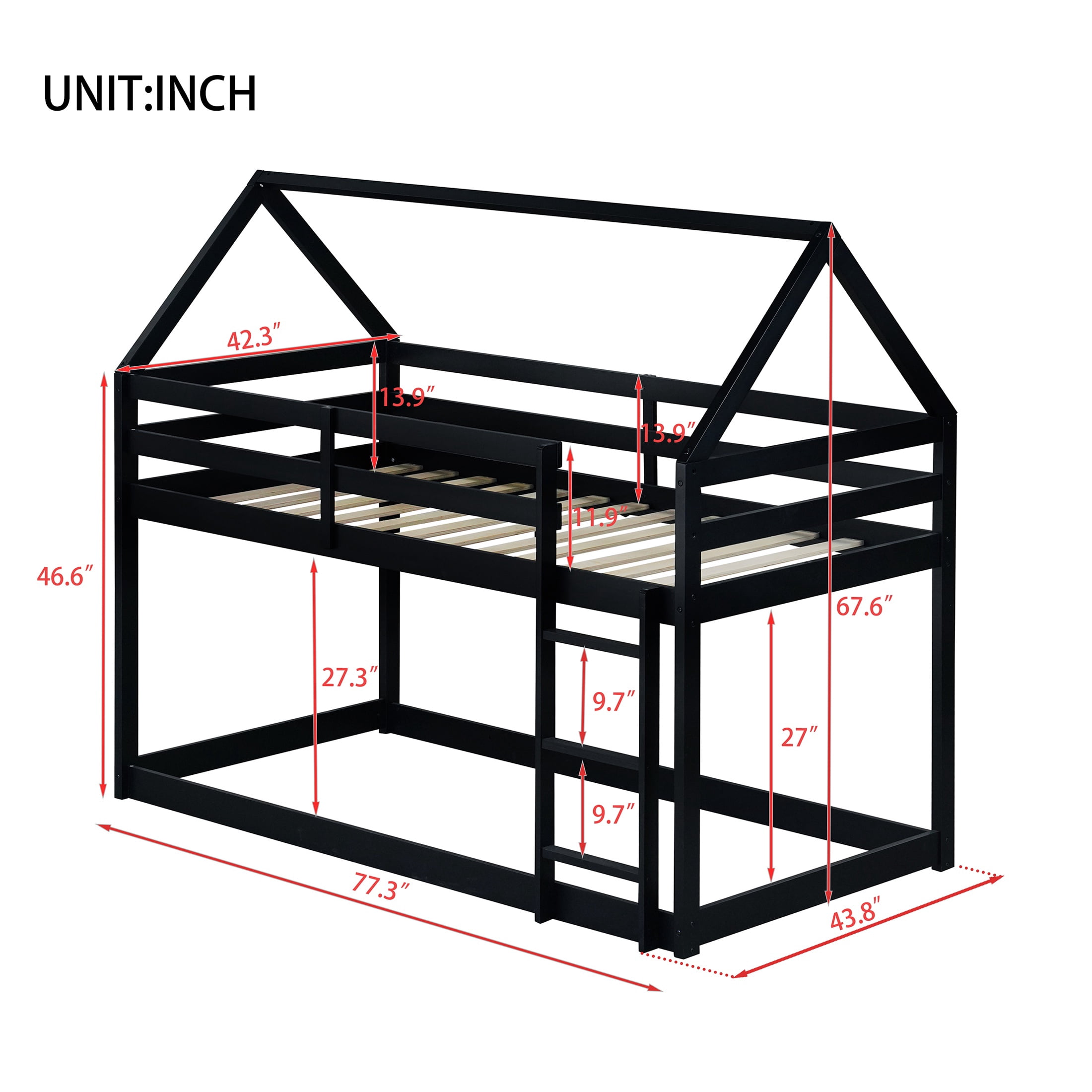 PORKISS Bunk Bed Twin Over Twin, Kids Low Floor Bunk Bed with Guard Rails for Children Boys Girls Dormitory Bedroom, Rubber Wood Bunk Bed, No Box Spring Needed, Black #