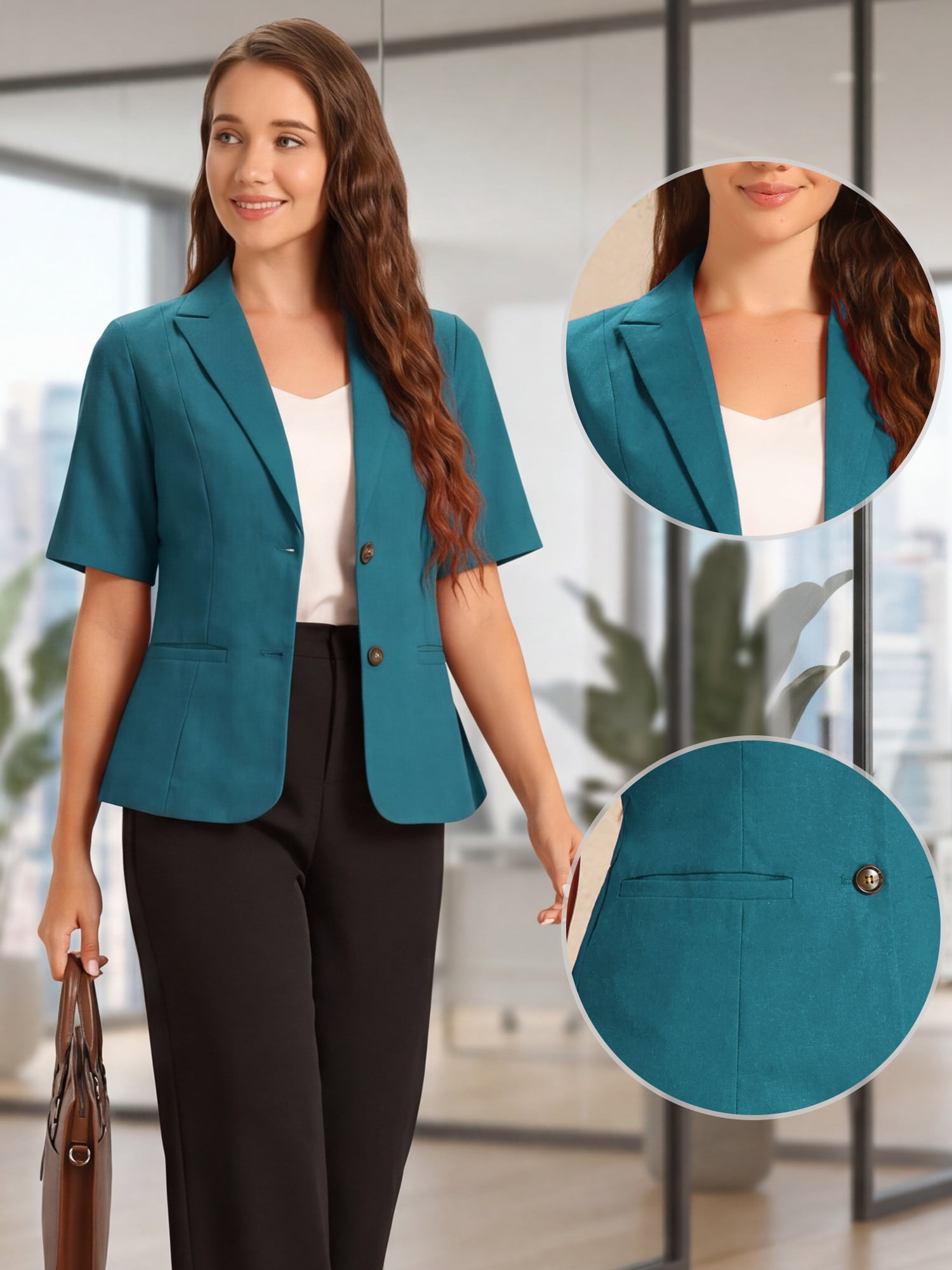 DARING DIVA Women's Linen Short Sleeve Cotton Lapel Collar Blazer L Peacock Blue