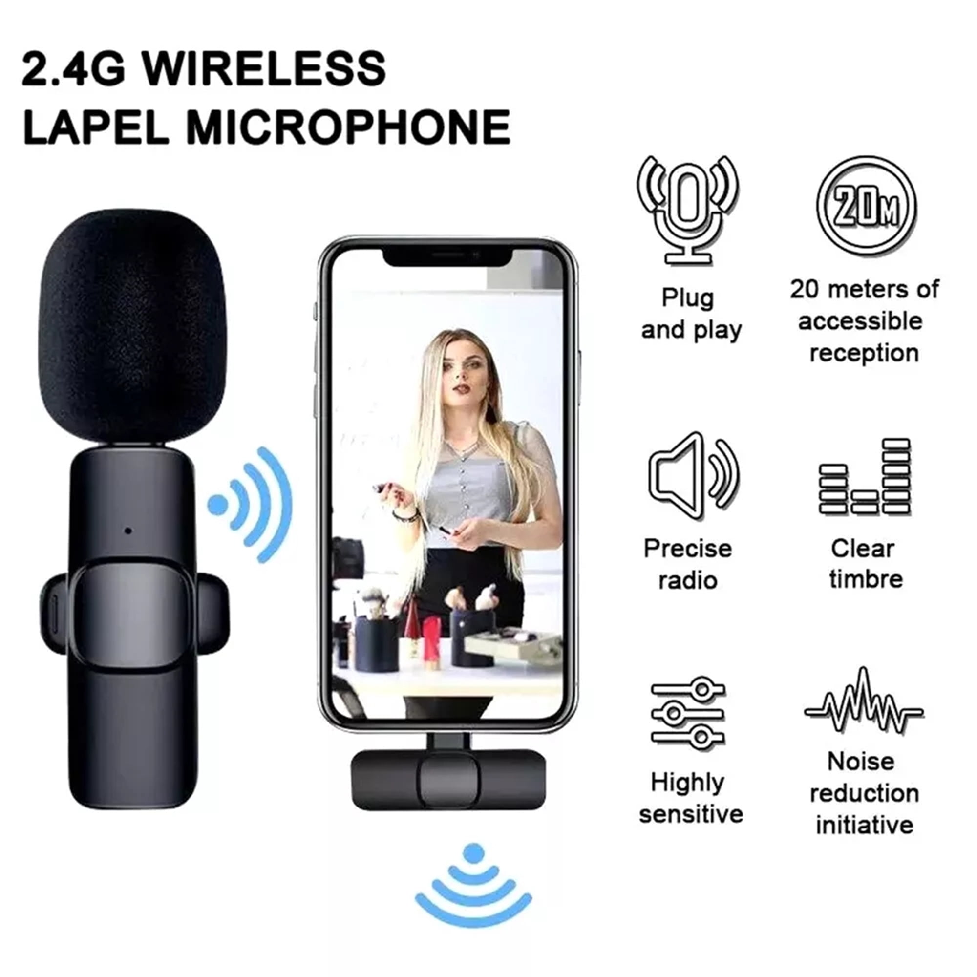 2-in-1 Wireless Lavalier Microphone Compatible for iPhone & Android, Plug & Play Clip-On Mic with Noise Cancellation for Gaming, Live Streaming, Vlog, YouTube, TikTok & Podcast