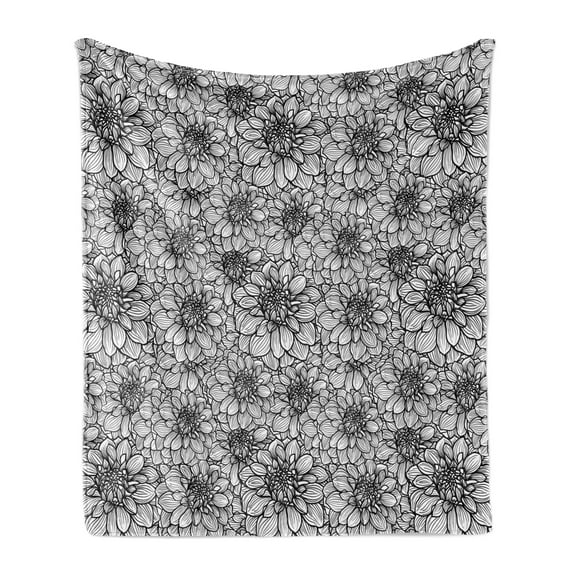 Black and White Soft Flannel Fleece Throw Blanket, Botanical Gardening Plants Hand Drawn Style Dahlia Burst into Blossom, Cozy Plush for Indoor and Outdoor Use, 60" x 80", Black White, by Ambesonne