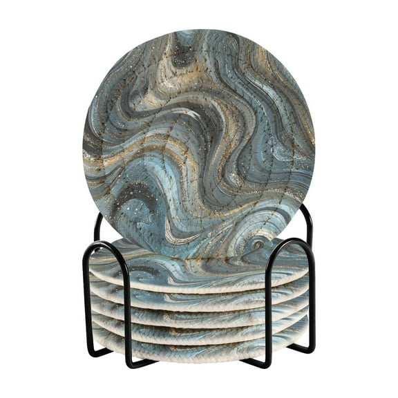 6-Pack Coiled Coasters Set with Storage Rack Heat-Resistant for Home, Office or Gift Swirling Metal and Marble Pattern (3.94in Diameter)