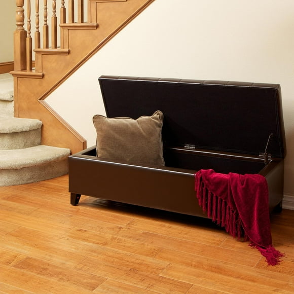 51" Faux Leather Storage Bench, Tufted Ottoman for Living Room, Bedroom, or Entryway, PU Upholstered Large Storage Ottoman, Chocolate