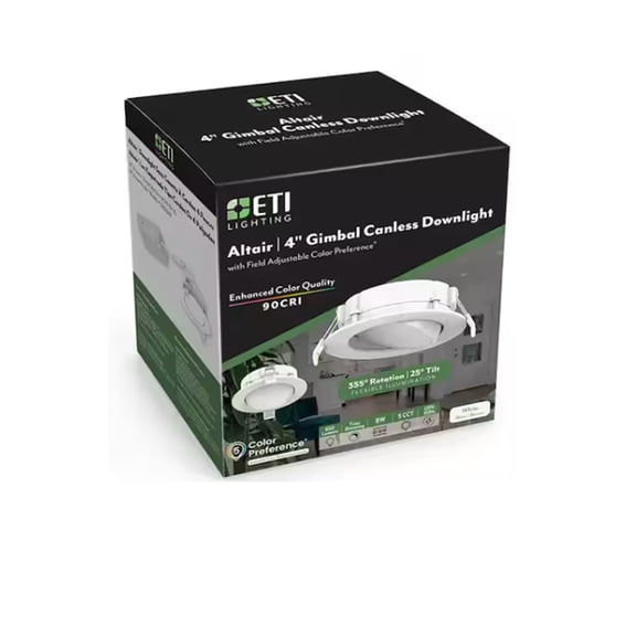 ETI Lighting  4" Gimbal Canless Downlight, 650 Lumen, Adjustable 5CCT, Triac Dimming, 120V, 63325101