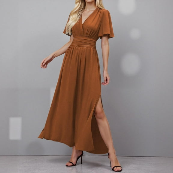 Women's Summer Casual V Neck Flowy Swing Dress Short Sleeve Ruched A Line Flare Party Evening Maxi Dresses