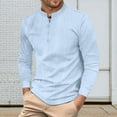 thumbnail image 3 of LZHGirlshop Men Cotton and Linen Henley Shirt Casual Stand Collar Long Sleeve Shirt Retro Solid Color Fit T-Shirt,Blue,XL, 3 of 6