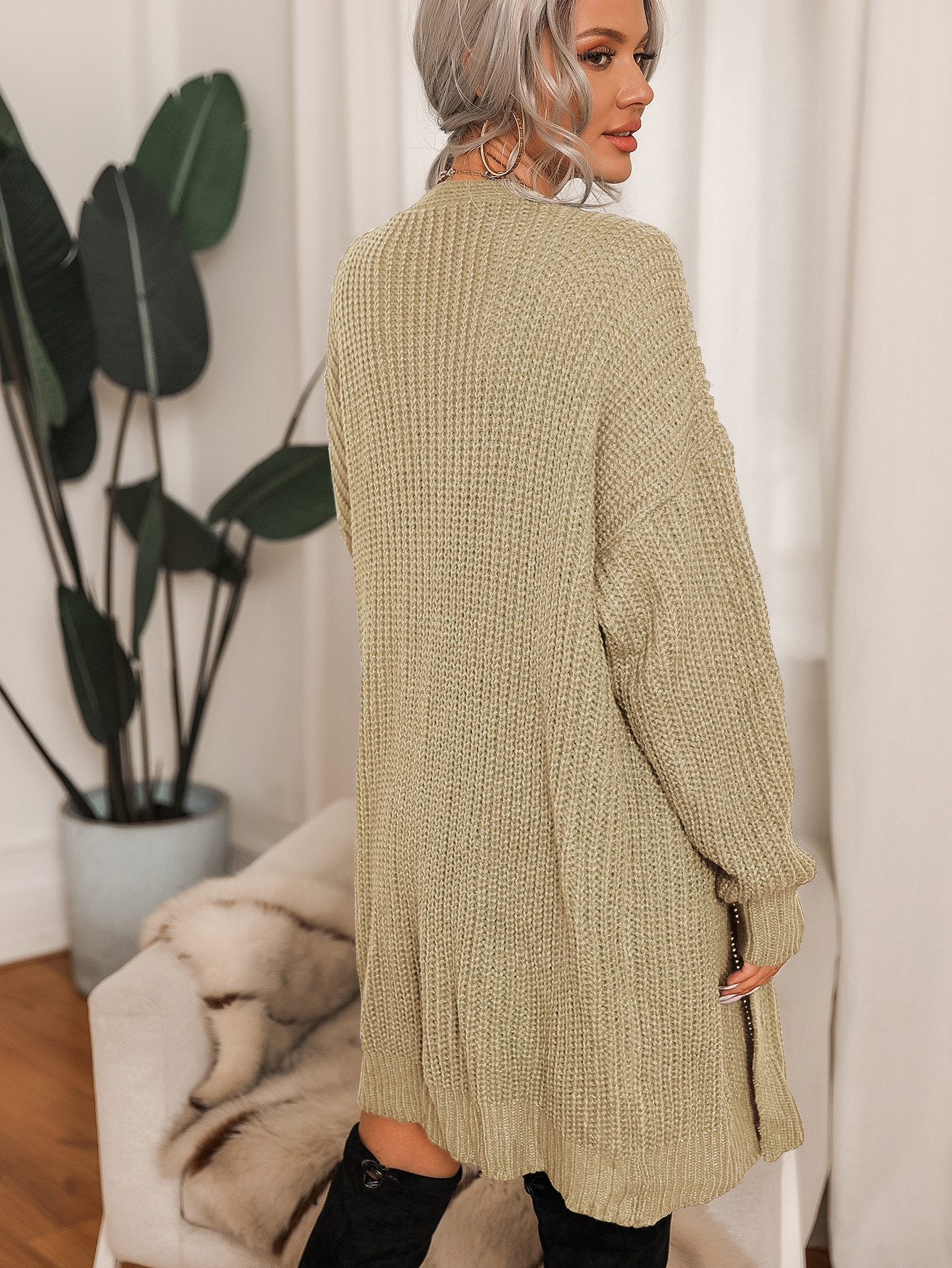 Khaki Solid Drop Shoulder Oversized 